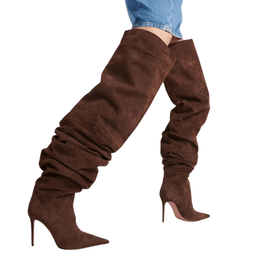 Woman's Brown Suede Stiletto Heels Thigh High Boots Pointed Toe Slip-On Pleated Super High Heel Denim Boots, Drestiny, Thigh High Boots, Boots, Heels, High Heels, Stilettos, Stiletto Boots, Suede Boots, Scrunch Boots, Over The Knee Boots, United States, Canada, Australia, New Zealand, United Kingdom, Brown, Dark Brown, Denim, Denim Blue, Black, Yellow Brown, 4.5, 5, 5.5, 6, 7, 8, 9, 9.5, 10, 10.5, shopdrestiny.com